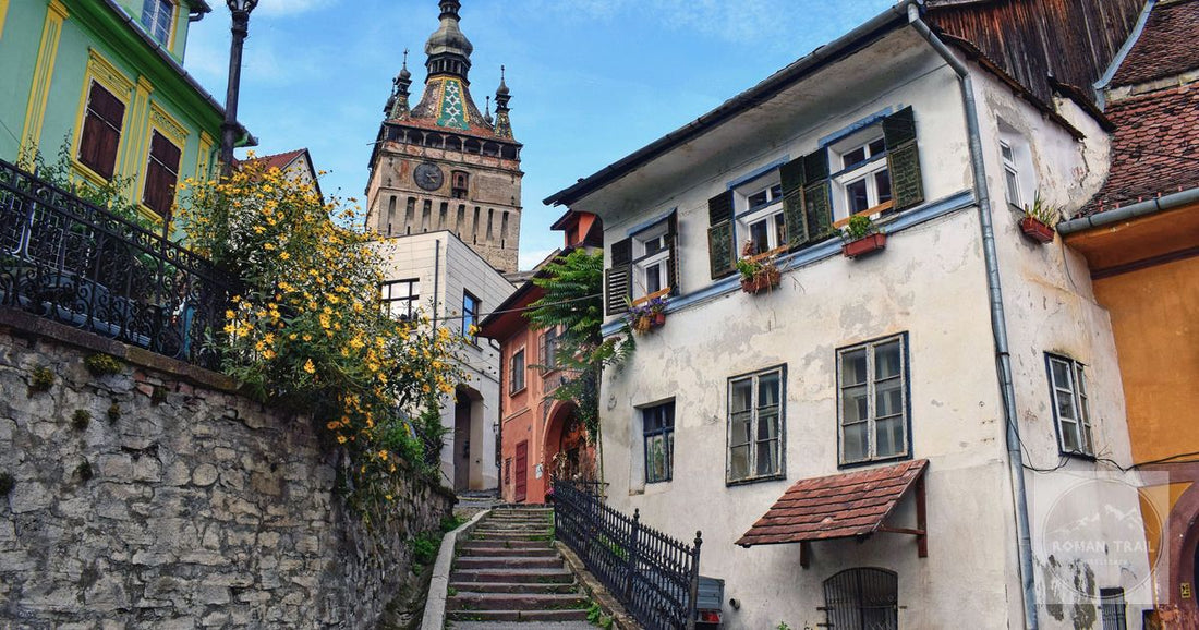 A stepped lane climbing to the Clock Tower in Sighisoara, Romania
