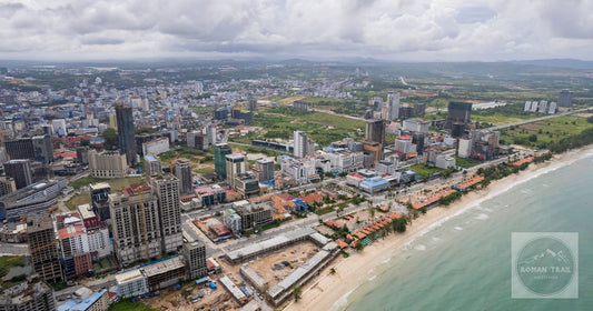 An aerial view of the cityscape and coastline at Sihanoukville, Cambodia