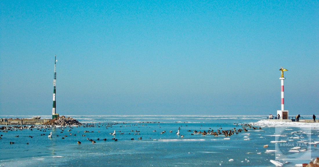 A frozen harbour with birds on the ice at Siófok, Hungary