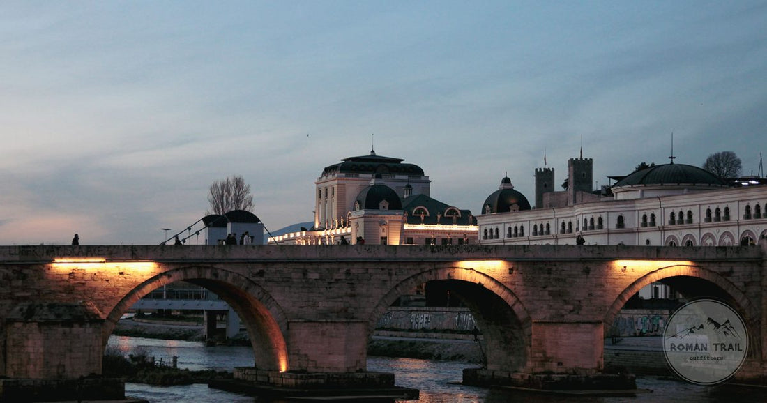 The Stone Bridge over the Vardar River in Skopje lit in the evening