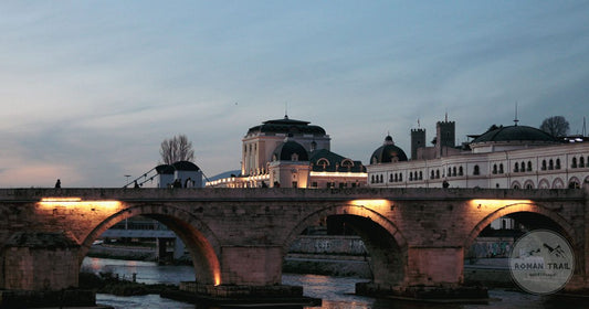 The Stone Bridge over the Vardar River in Skopje lit in the evening