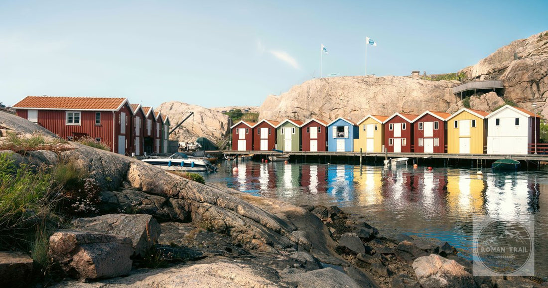 Fishing huts on the rocky coastline at Smogen, Sweden