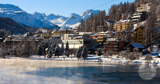 St Moritz with snowy mountains and the frozen lake in winter, Switzerland
