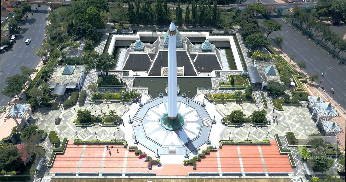The Tugu Pahlawan monument and its gardens from the air, Surabaya