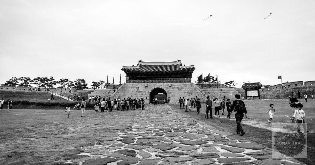 Changryongmun, the east gate of Hwaseong Fortress at Suwon, in black and white.