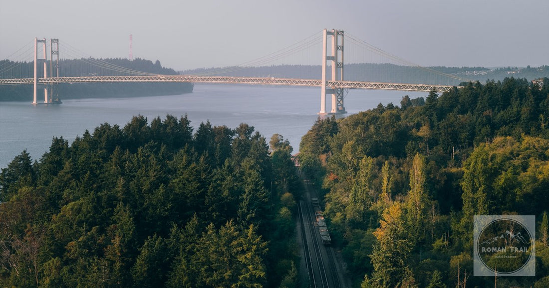 The Tacoma Narrows Bridge carrying the highway across the strait above forested shoreline in Washington.