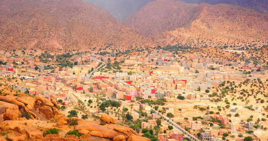 An aerial view of Tafraoute village among the hills, Morocco