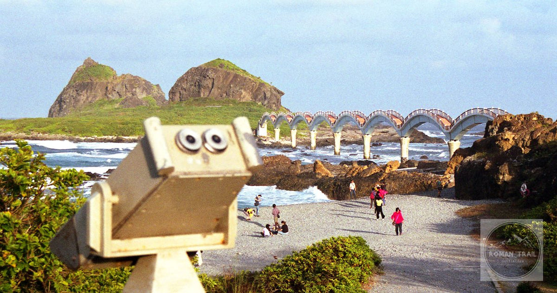 The eight-arched footbridge to Sanxiantai island on the Taitung coast, with walkers crossing it.