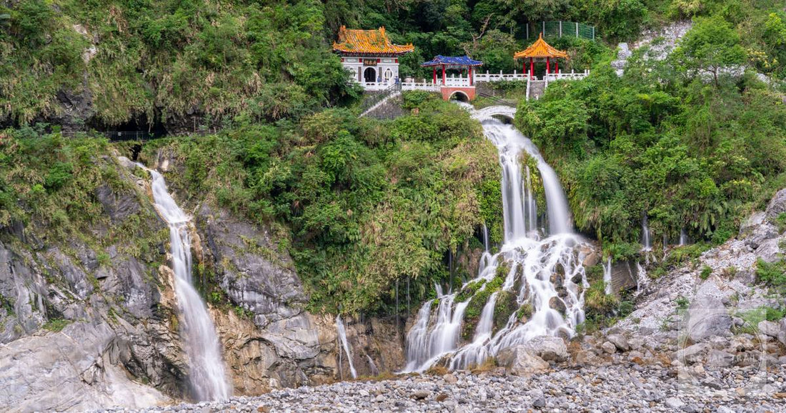 Water falling past the Eternal Spring Shrine in Taroko Gorge, built for the men who died making the road.