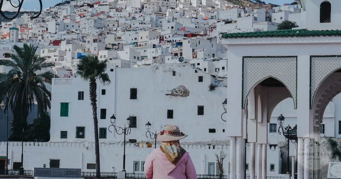 A woman in traditional dress with the hillside architecture of Tetouan behind, Morocco