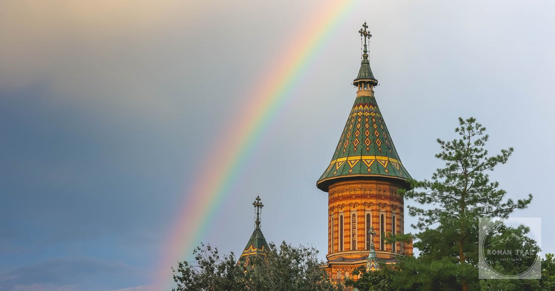 A rainbow over the Orthodox Cathedral at Timisoara, Romania