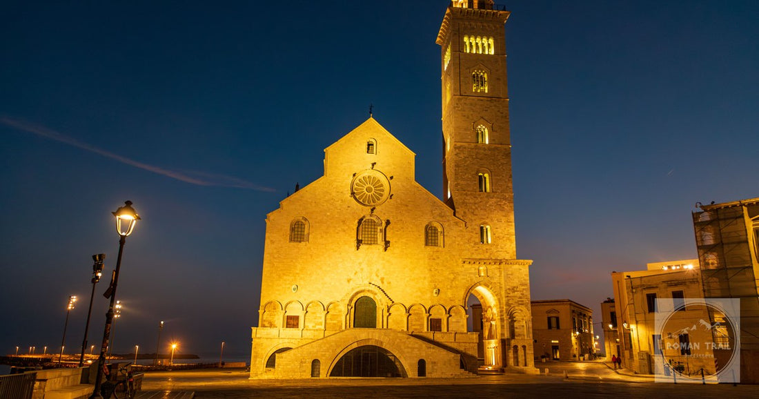 Trani Cathedral in Romanesque stone at twilight, Apulia