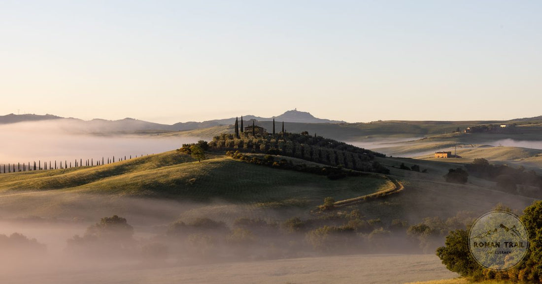 Sunrise over mist-covered Tuscan hills with cypress trees, Italy