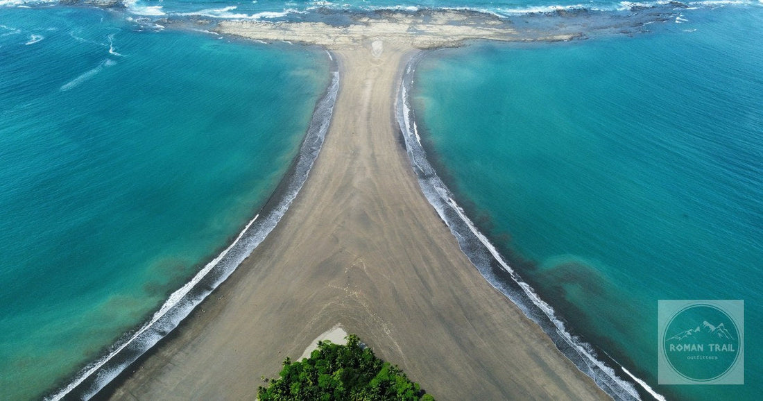 The Whale Tail sandbar at Uvita seen from the air, Costa Rica