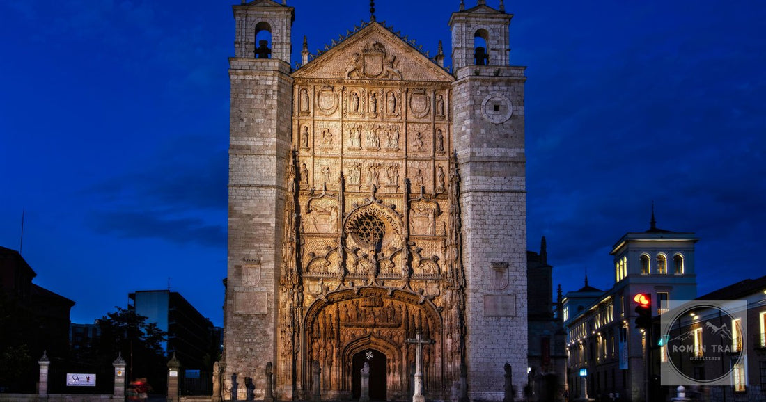 Stunning evening view of San Pablo Church's gothic facade illuminated in Valladolid, Spain.