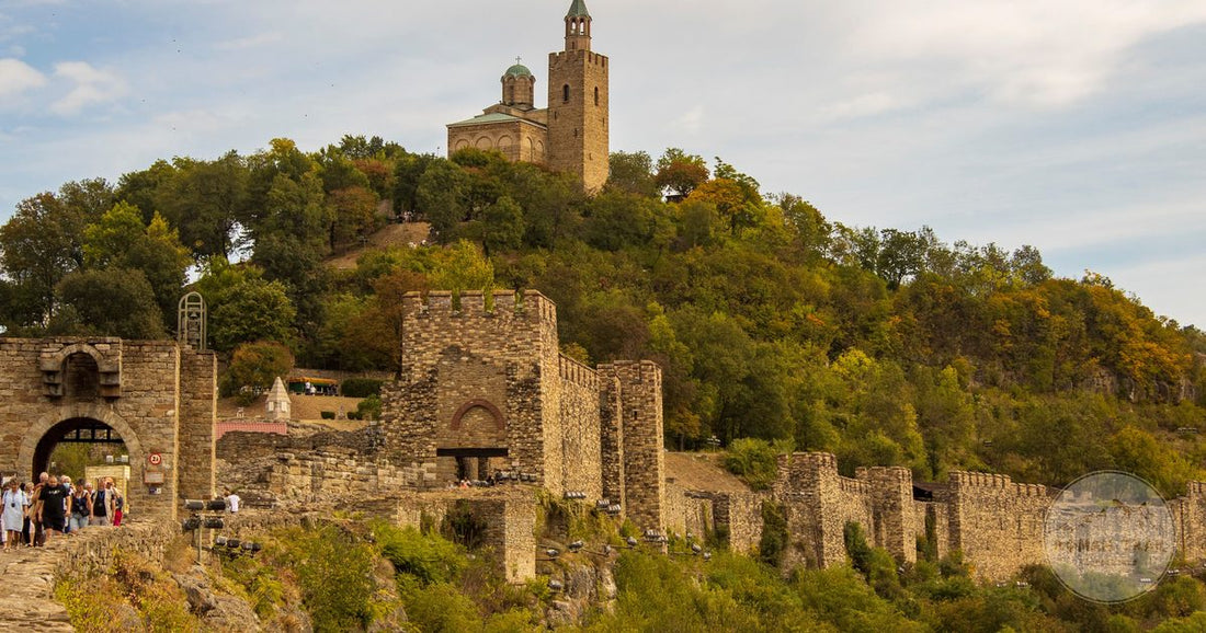 Tsarevets fortress among green hills in Bulgaria