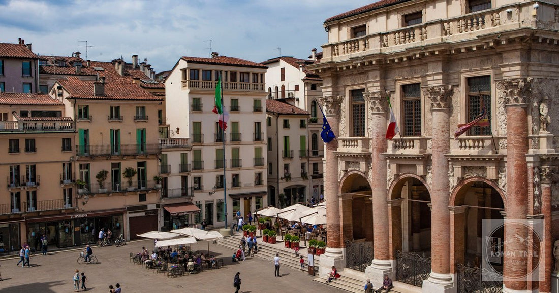 A busy day on the Palladian piazza at Vicenza, Italy