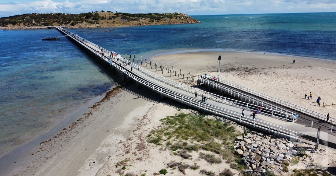 The causeway running out to Granite Island from Victor Harbor, crossed since 1894 by a horse drawn tram.