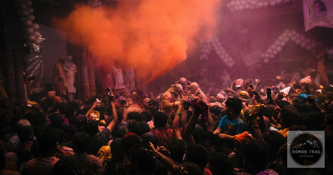 A Holi celebration with coloured powders at Vrindavan, Uttar Pradesh, India