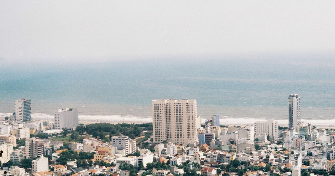 An aerial view of the coastline and city of Vung Tau, Vietnam