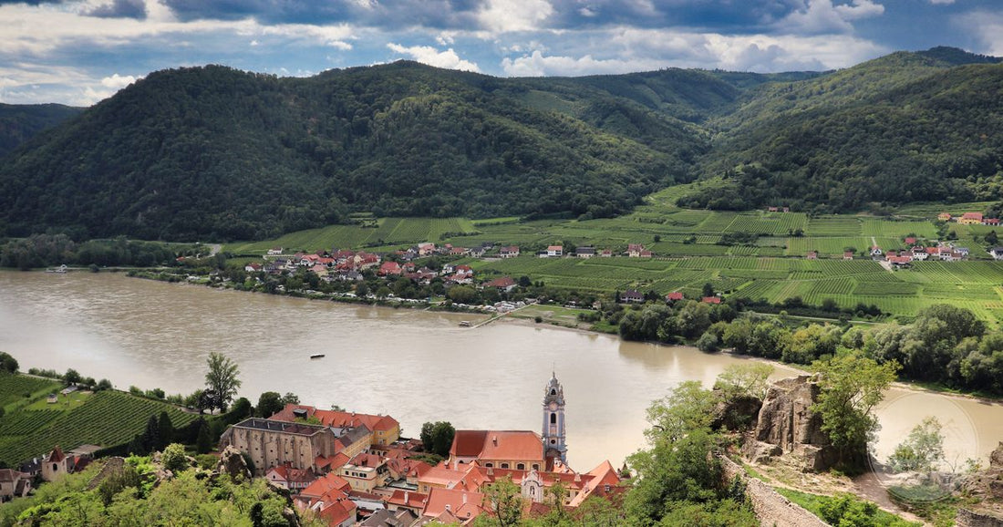 Aerial view of Durnstein on the Danube in the Wachau valley, Austria