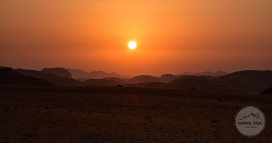 Sunset over the desert landscape of Wadi Rum, Jordan