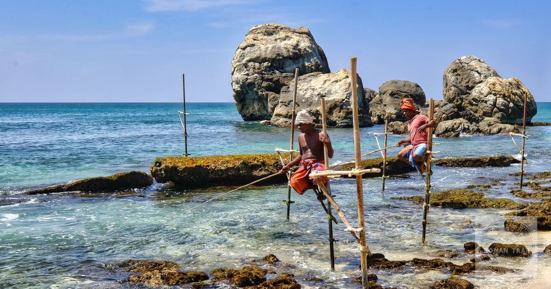 Stilt fishermen on the coast at Weligama, Sri Lanka
