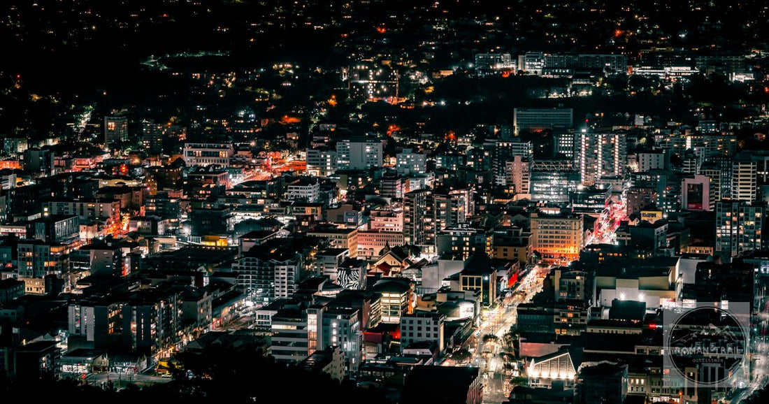 Wellington lit up at night from the air, New Zealand
