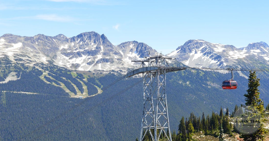 A cable car against snow covered peaks at Whistler, British Columbia