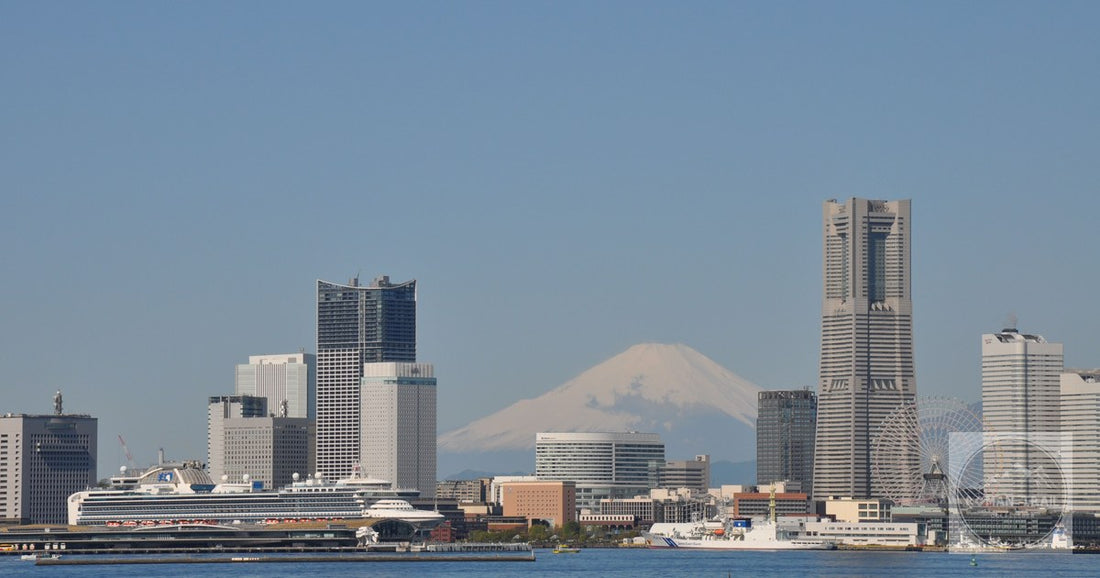 The Yokohama skyline with Mount Fuji behind it, Japan