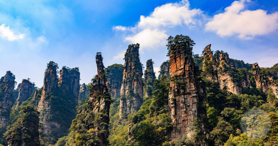 The sandstone pillars of Zhangjiajie under a blue sky, Hunan, China