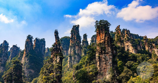 The sandstone pillars of Zhangjiajie under a blue sky, Hunan, China