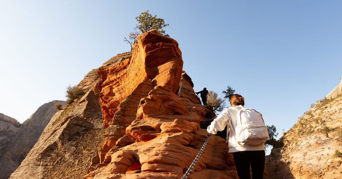 A hiker on rocky terrain below the sandstone cliffs of Zion National Park