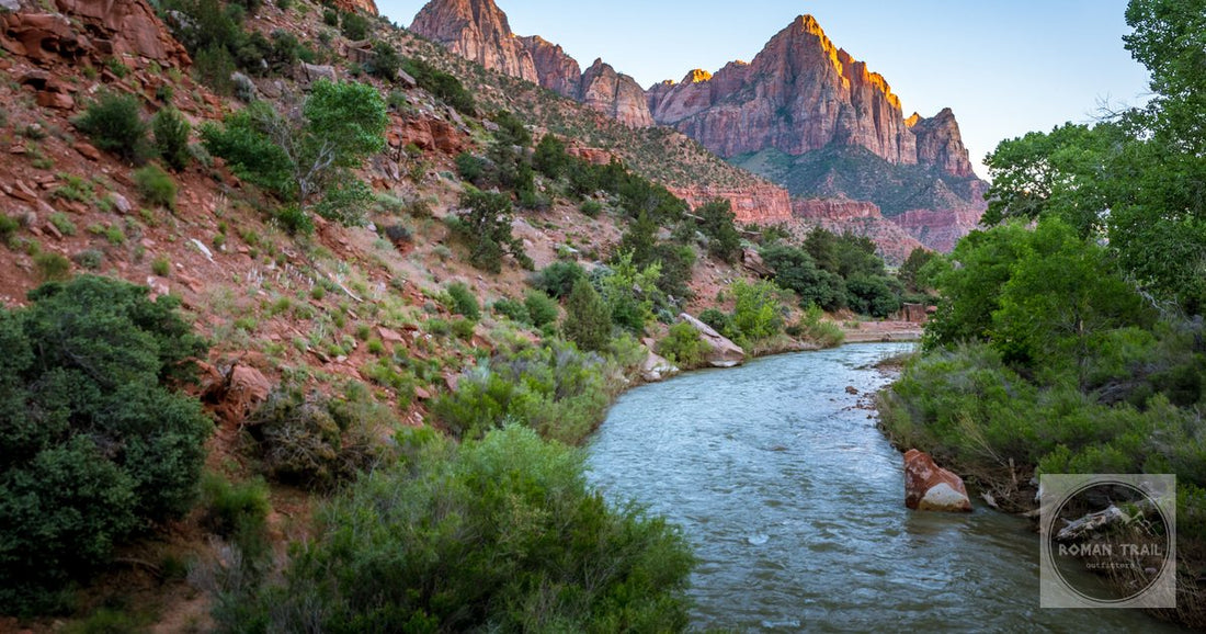The Virgin River below the canyon walls at sunset, Zion National Park, Utah
