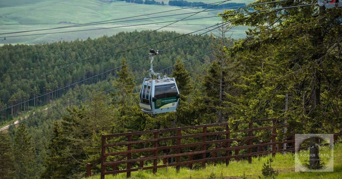 The Gold Gondola cable car crossing forested hills at Zlatibor, Serbia.