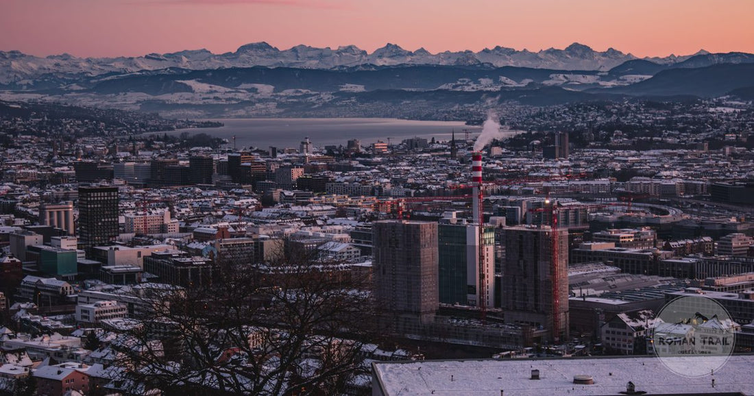 Zurich cityscape at winter sunset with the Alps behind, Switzerland