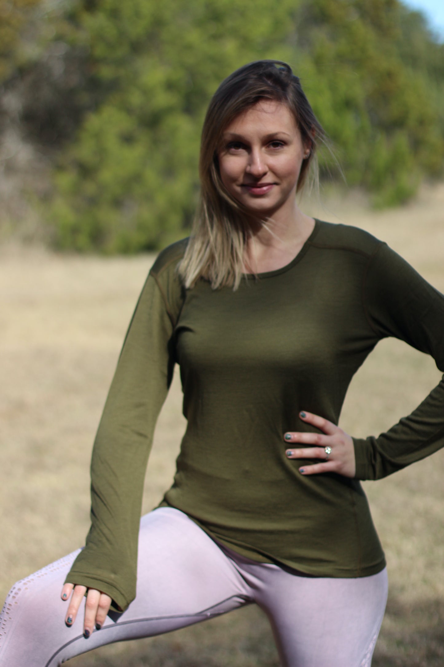 Merino Wool Women's Long Sleeve Top | Crew Neck Shirt | Deep Olive