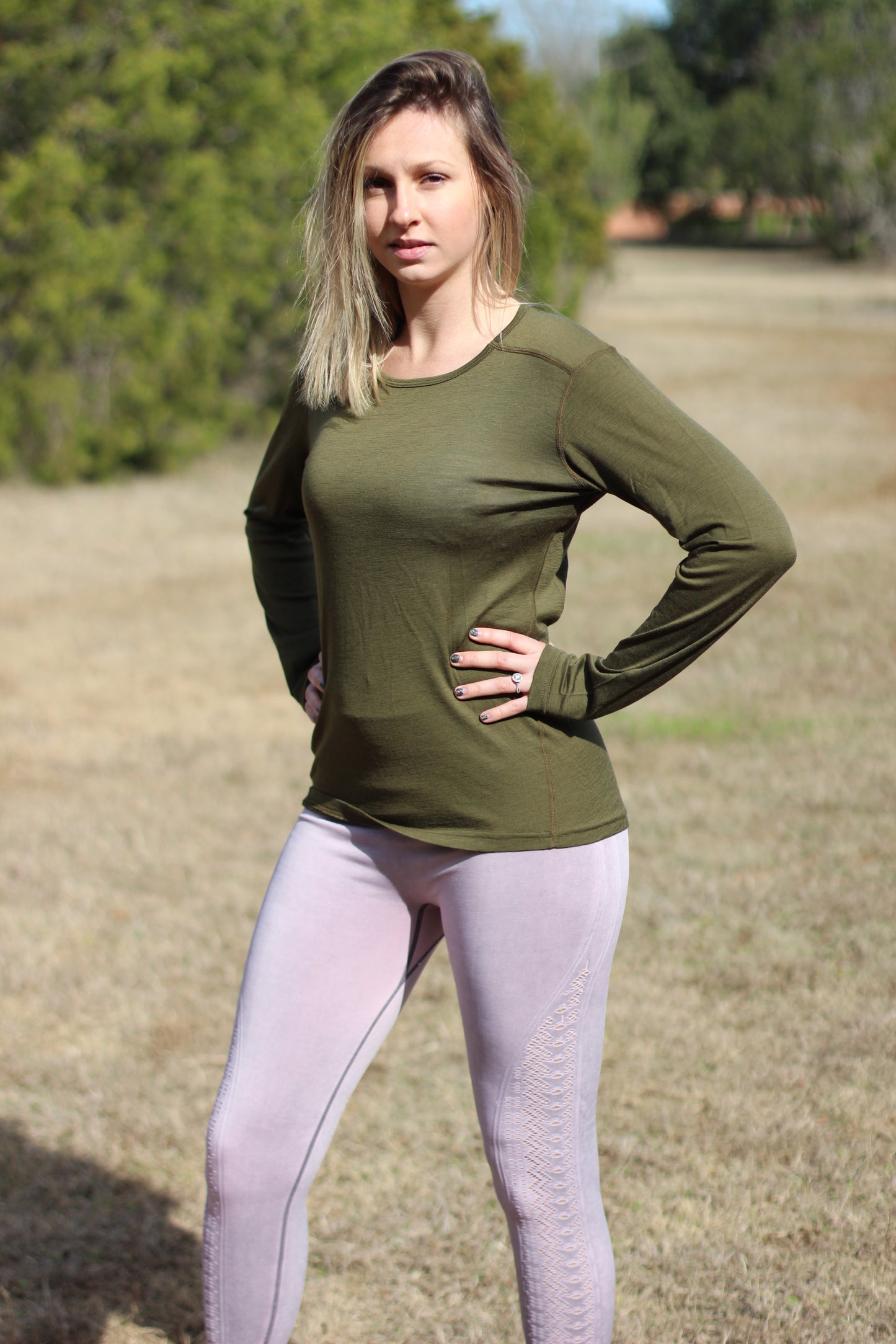 Merino Wool Women's Long Sleeve Top | Crew Neck Shirt | Deep Olive