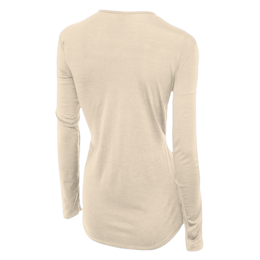 Cloud cream 100% merino wool women's base layer by Roman Trail Outfitters, suitable as a breathable sleep top for hot sleepers