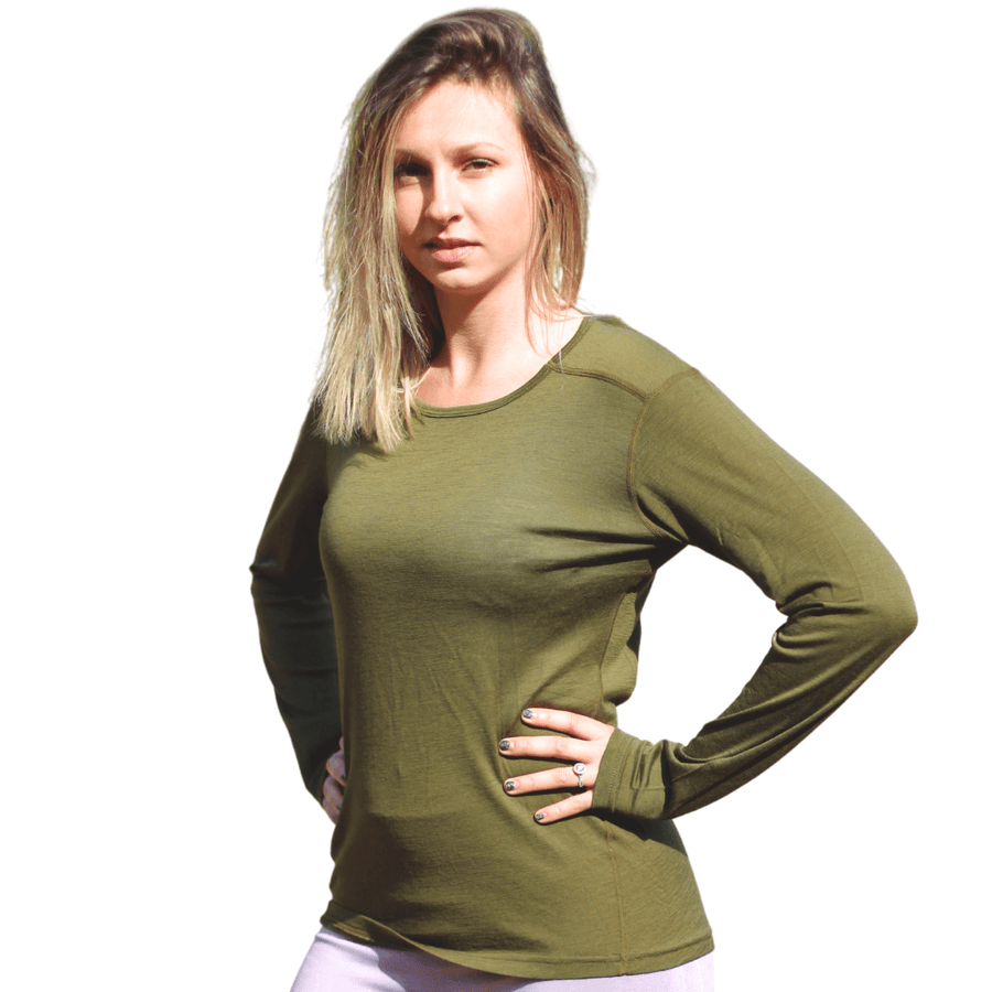 Deep olive 100% merino wool women's base layer top by Roman Trail Outfitters, breathable year-round sleep option