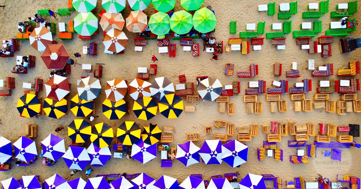 Beach umbrellas and seating on the coast at Accra, Ghana