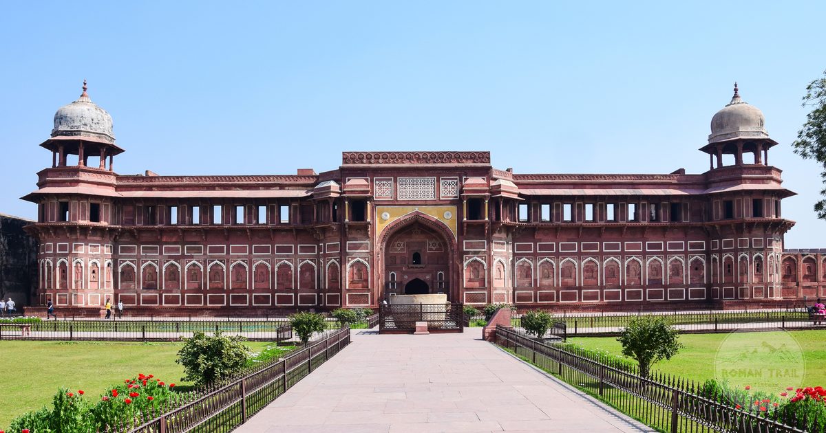 The red sandstone walls of Agra Fort, India