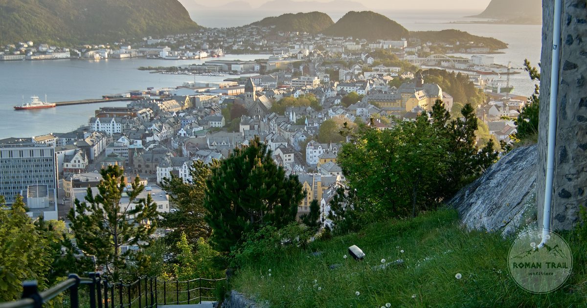 Aerial view of Alesund harbour and the surrounding islands, Norway