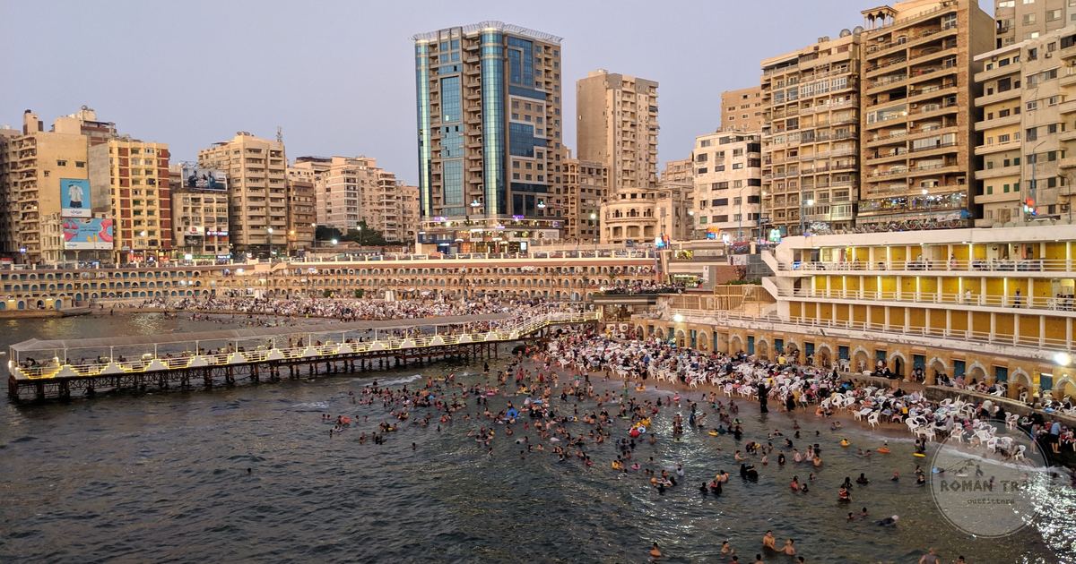 The crowded waterfront and skyline along the Corniche at Alexandria, Egypt