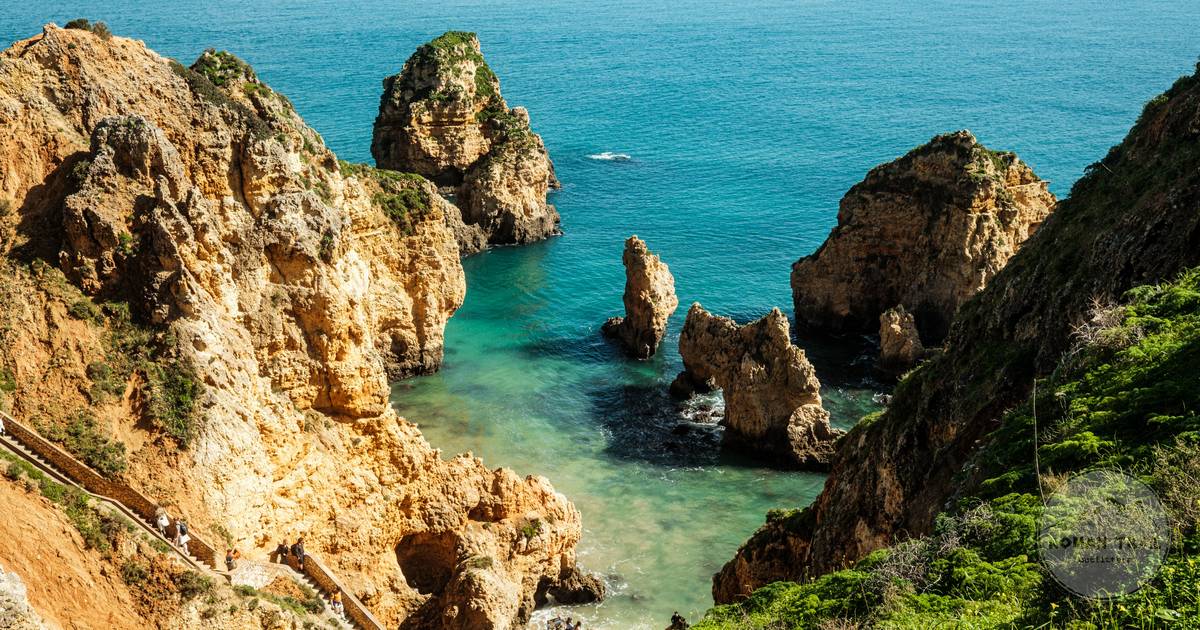 Cliffs and turquoise water at Ponta da Piedade near Lagos, Algarve Portugal