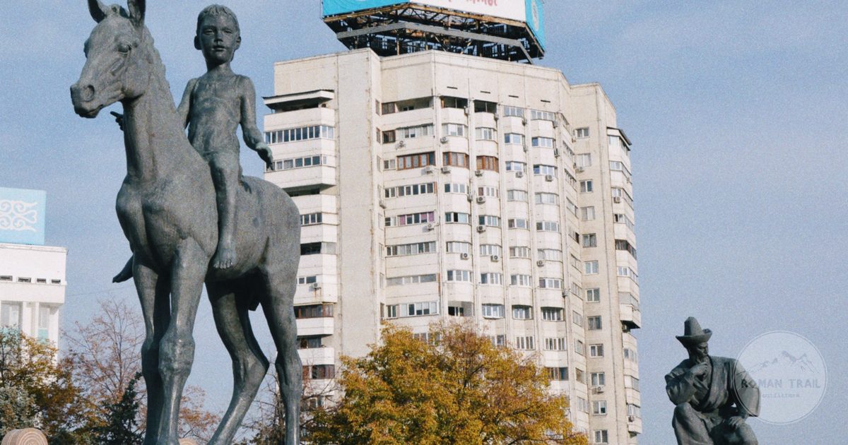 Monumental statues and Soviet era architecture in Almaty, Kazakhstan