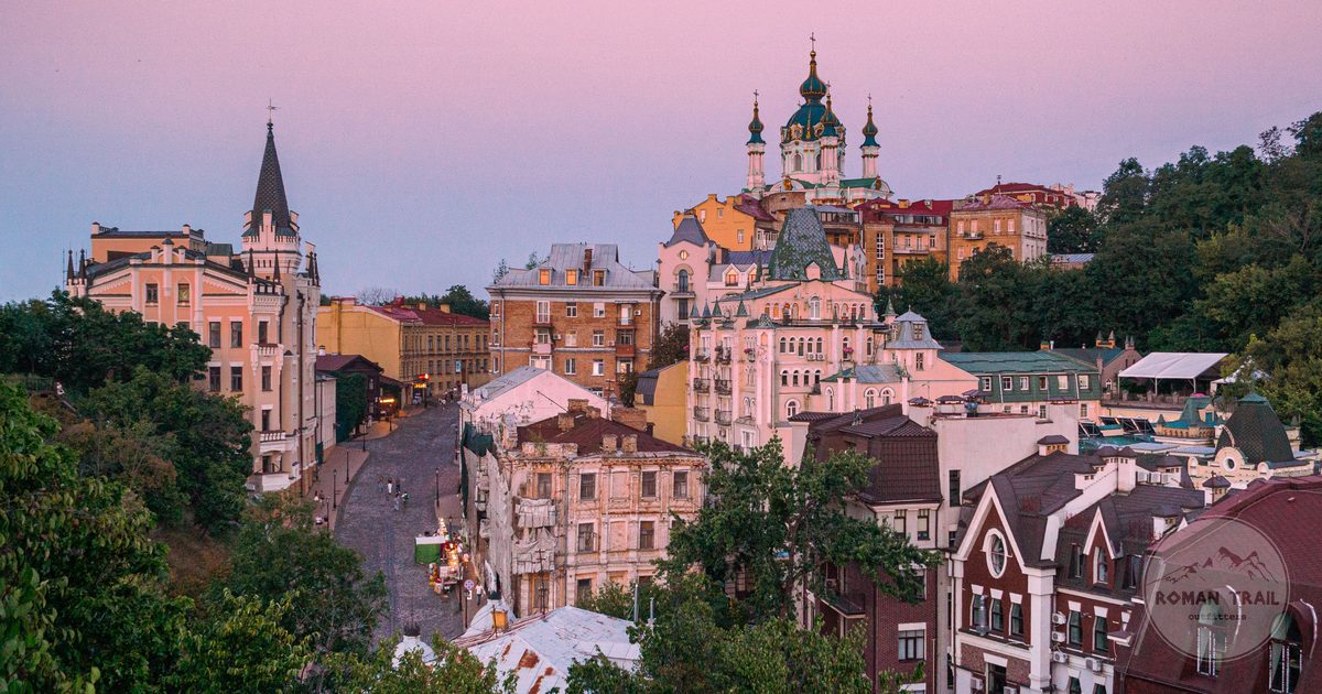 Andriyivskyy Descent in Kyiv at sunset, Ukraine
