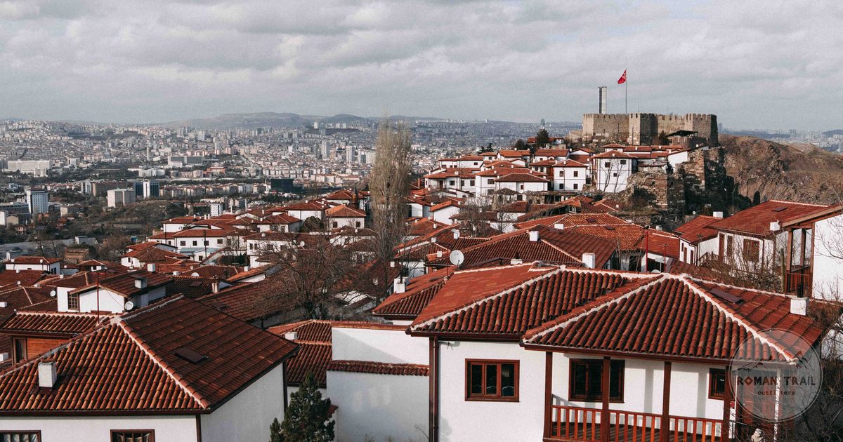 Aerial view of the traditional red rooftops and castle quarter of Ankara, Turkiye