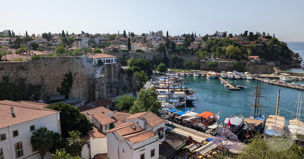 Aerial view of the historic Kaleici harbour at Antalya with boats, Turkiye