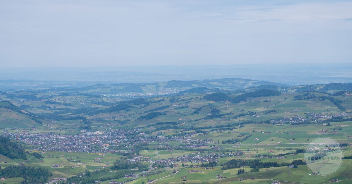 Aerial view of rolling green country at Hundwil, Appenzell Ausserrhoden, Switzerland